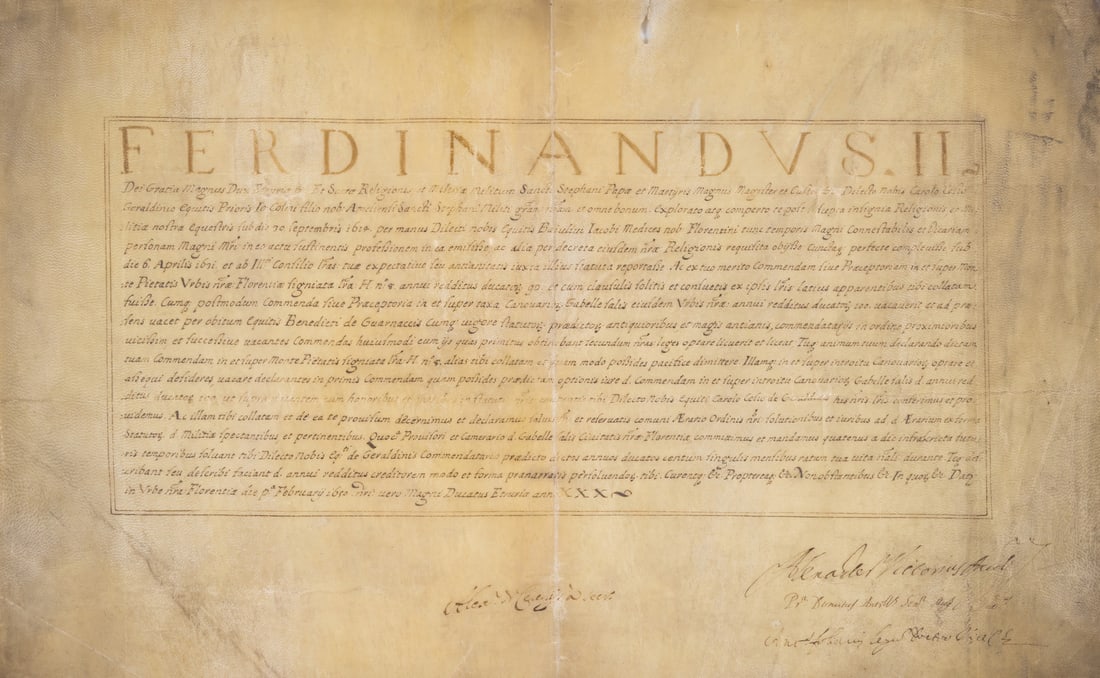 Florence.- Ferdinand II de' Medici (Grand Duke of Tuscany) Charter awarding Carolo Cesio Geraldinio (1 of 1)