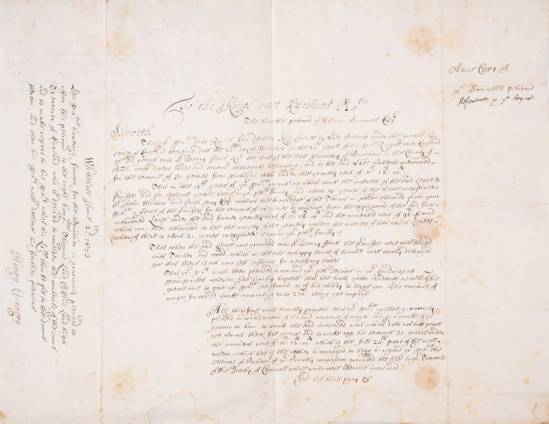 Charles II (King).- Petition of William Samwell to Charles II relating to Sir Henry Fane's lease on (1 of 1)