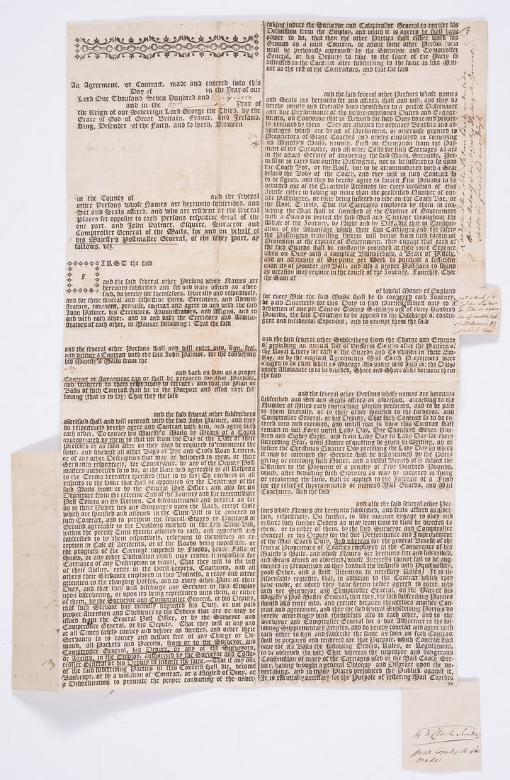 Palmer (John, postal innovator and MP, 1742-1818) Printed draft contract as "Surveyor and (1 of 1)