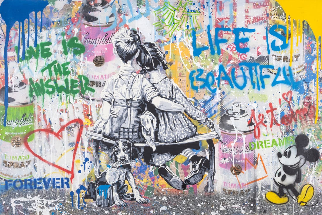 Mr Brainwash (b.1966) Work Well Together: Mr Brainwash (b.1966)Work Well TogetherMixed media on paper, 2022, signed in black ink, also signed and dated in crayon verso, with the artist's stock number and the accompanying certificate of authen