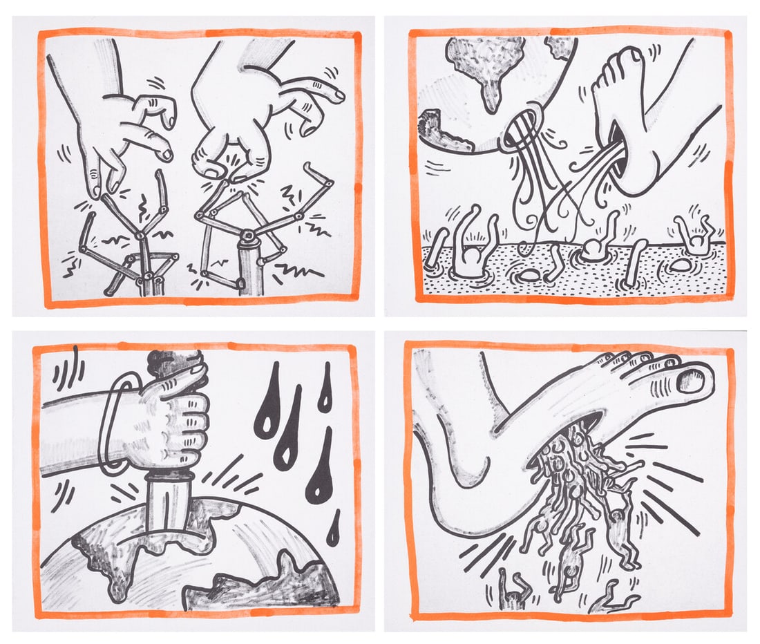 Keith Haring (1958-1990) Four works from Against All Odds, 20 drawings series: Keith Haring (1958-1990) Four works from Against All Odds, 20 drawings series Four lithographs printed in colours, 1990, from the edition of 500, published by Bebert Publishing House, Rotterdam, on wo