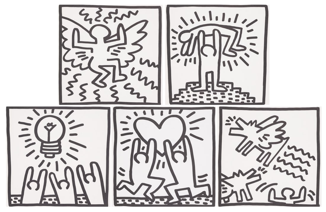 Keith Haring (1958-1990) Five works from the Keith Haring: Tony Shafrezi portfolio: Keith Haring (1958-1990) Five works from the Keith Haring: Tony Shafrezi portfolio Five offset lithographs, 1982, from the edition of 2000, printed by Fleetwood Press, New York, published by Ton