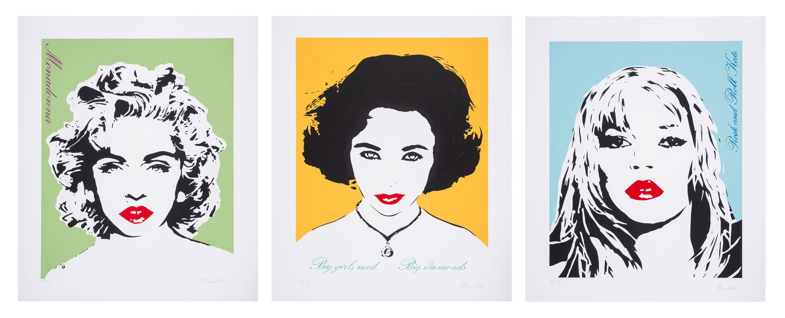 Bambi (b.1982) Madonna (Green); Rock and Roll Kate (Blue); Big Girls Need Big Diamonds (Orange): Bambi (b.1982) Madonna (Green); Rock and Roll Kate (Blue); Big Girls Need Big Diamonds (Orange) Three screenprints in colours, 2013, each signed and inscribed in pencil, printer's proofs aside from th