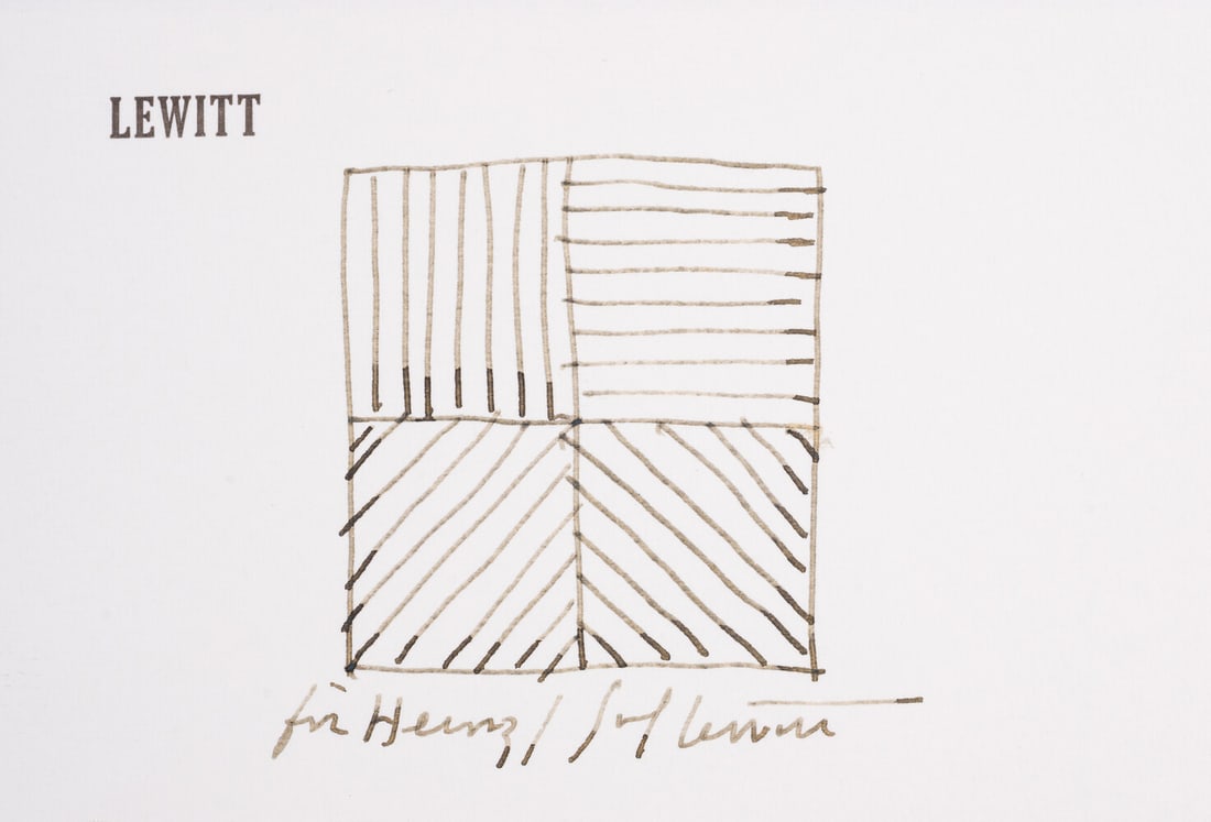 Sol Lewitt (1928-2007) Untitled (Lines in Four Directions): Sol Lewitt (1928-2007) Untitled (Lines in Four Directions) Pen and ink on wove paper tipped onto card, circa 1990s, signed and dedicated in black ink, overall 185 x 244mm (7 1/4 x 9 5/8in) (unframed)