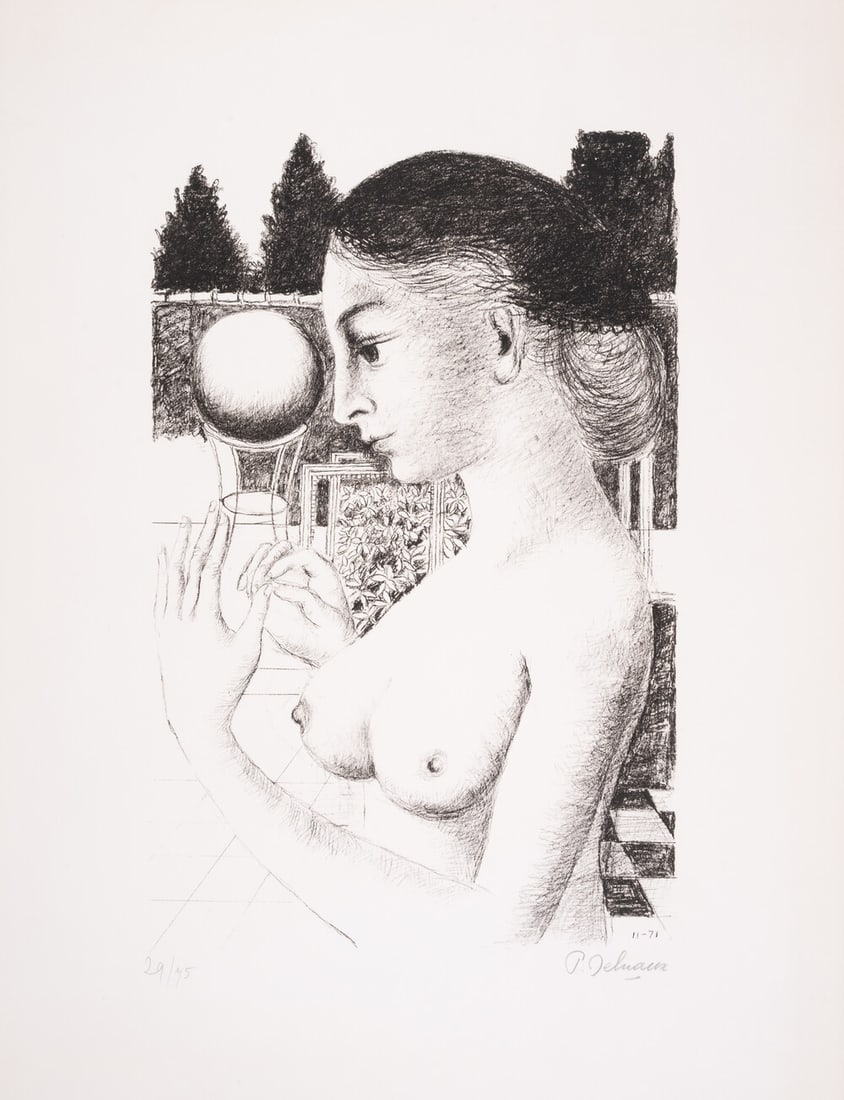 Paul Delvaux (1897-1994) Jeune Fille à la Boule (Jacob 54): Paul Delvaux (1897-1994) Jeune Fille à la Boule (Jacob 54)Lithograph, 1971, signed in pencil, further signed by the printer Fernand Mourlot in pencil verso, numbered from the edition of 75