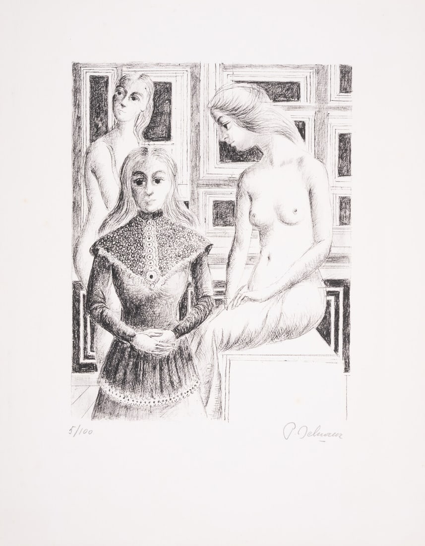 Paul Delvaux (1897-1994) Femme au Tabouret (Jacob 94): Paul Delvaux (1897-1994) Femme au Tabouret (Jacob 94)Lithograph, 1975, signed in pencil, numbered from the edition of 100, published by Galerie Le Bateau-Lavoir, Paris, with their watermark, on Arches
