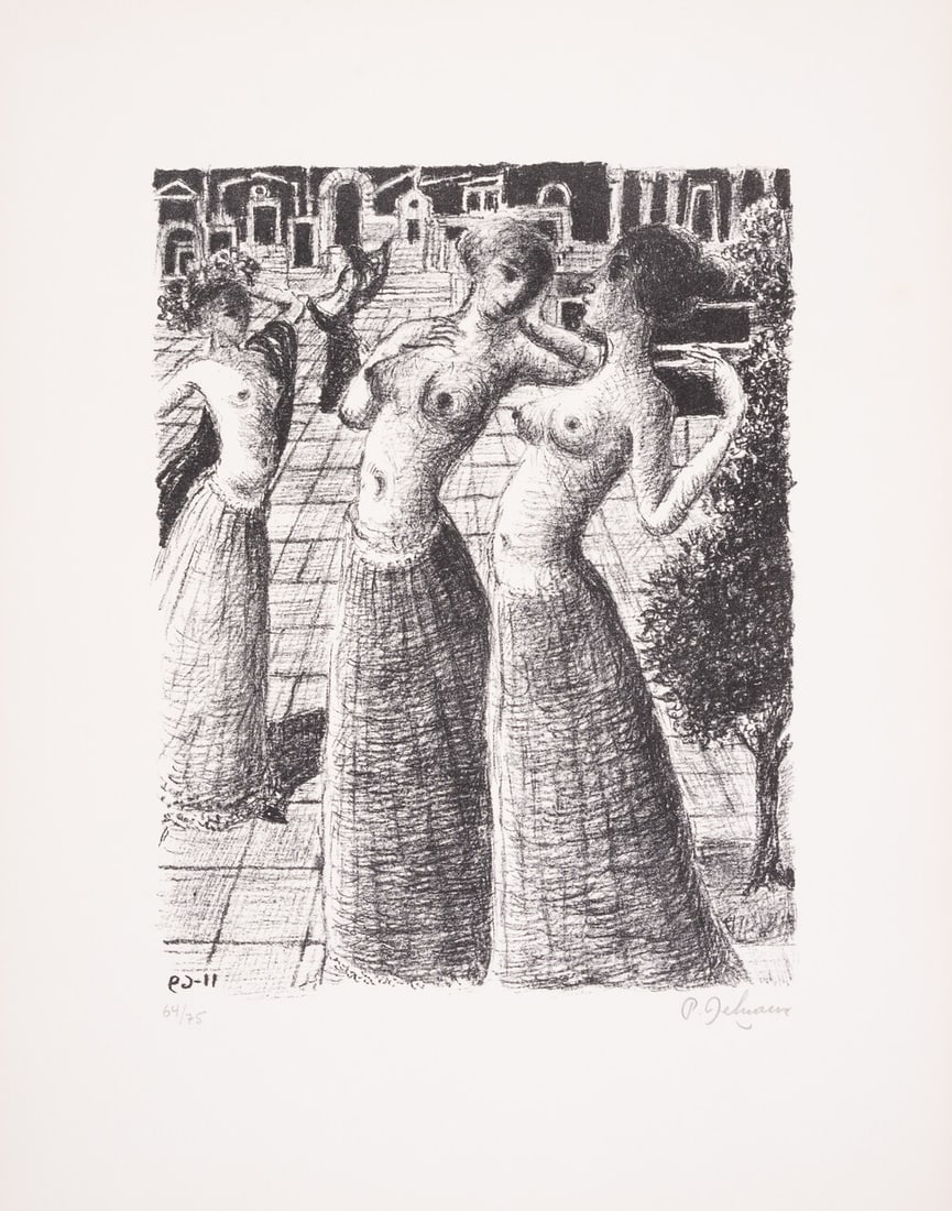 Paul Delvaux (1897-1994) La Danse (Jacob 37): Paul Delvaux (1897-1994) La Danse (Jacob 37)Lithograph, 1969, signed in pencil, numbered from the edition of 75, printed by Mourlot, published by Galerie Le Bateau-Lavoir, Paris, on Arches paper, with