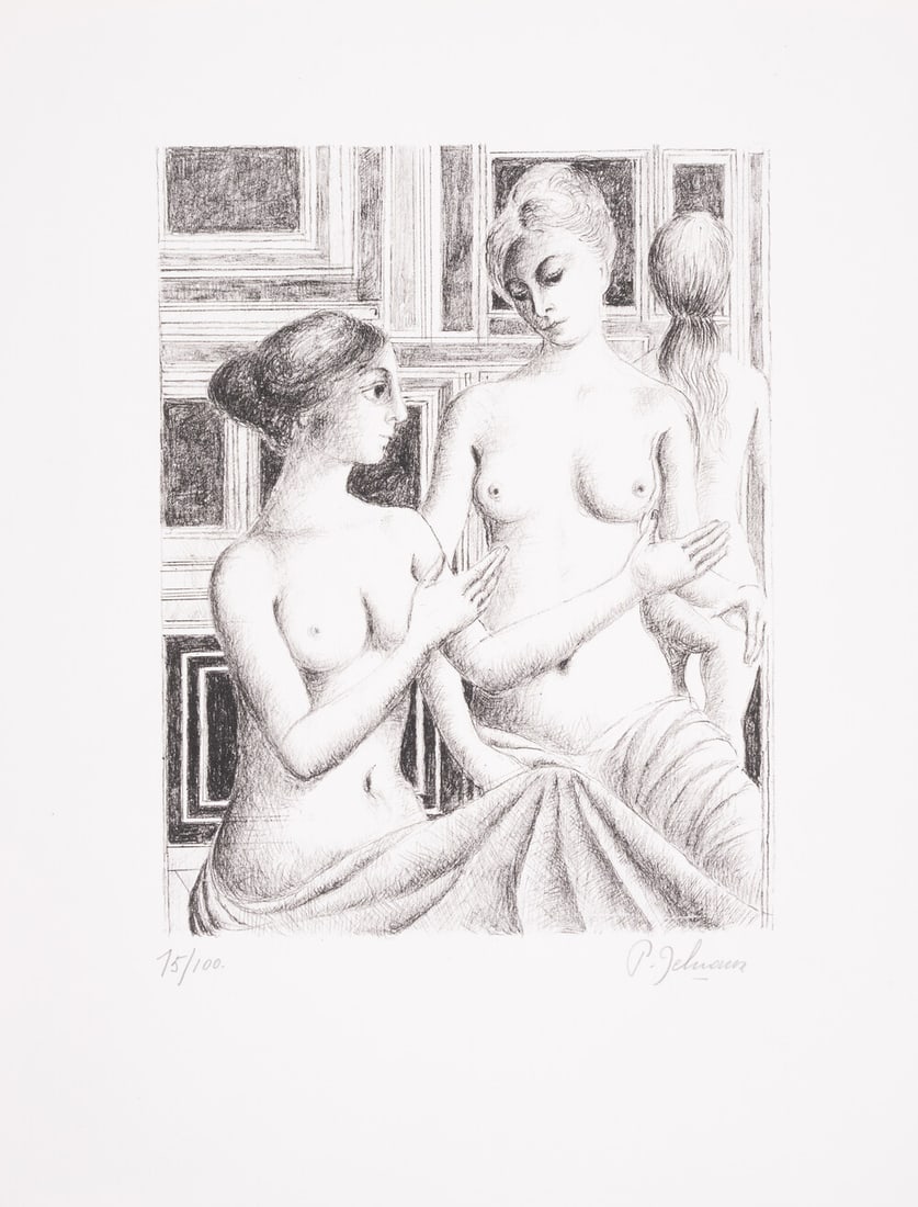 Paul Delvaux (1897-1994) Le Discours (Jacob 93): Paul Delvaux (1897-1994) Le Discours (Jacob 93)Lithograph, 1975, signed in pencil, numbered from the edition of 100, printed by Mourlot, published by Galerie Le Bateau-Lavoir, Paris, with the publishe