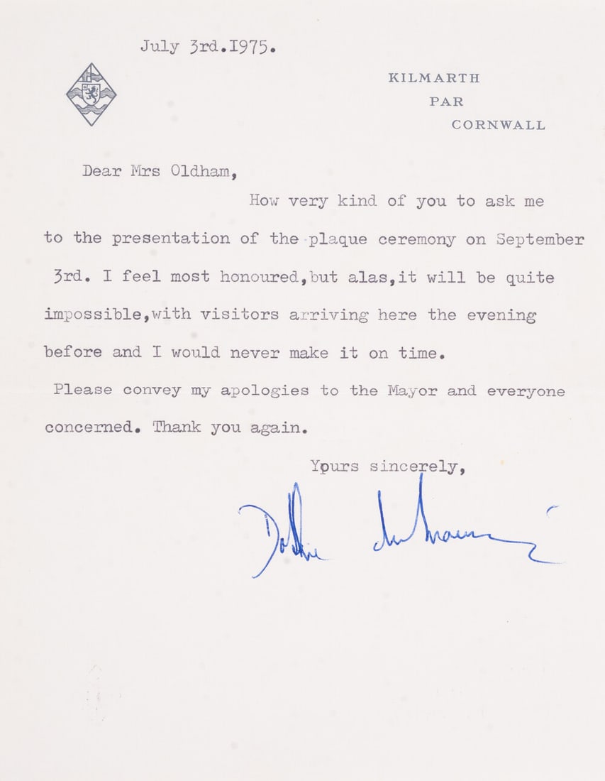 Du Maurier (Dame Daphne, novelist, 1907-89) Typed Letter signed to Mrs Oldham, 1p., Kilmarth, Par,: Du Maurier (Dame Daphne, novelist, 1907-89) Typed Letter signed to Mrs Oldham, 1p., small 4to, Kilmarth, Par, Cornwall, July 3rd 1975, "How