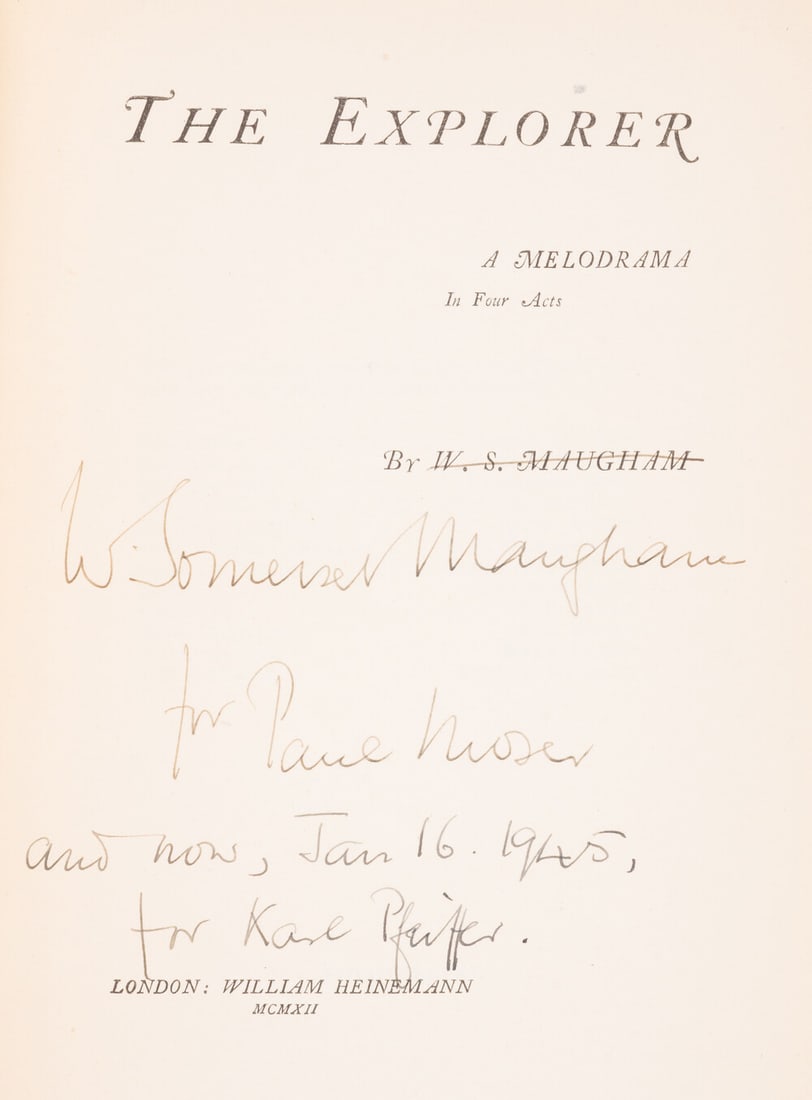 Maugham (William Somerset) The Explorer. A Melodrama, first edition, signed presentation inscription (1 of 1)