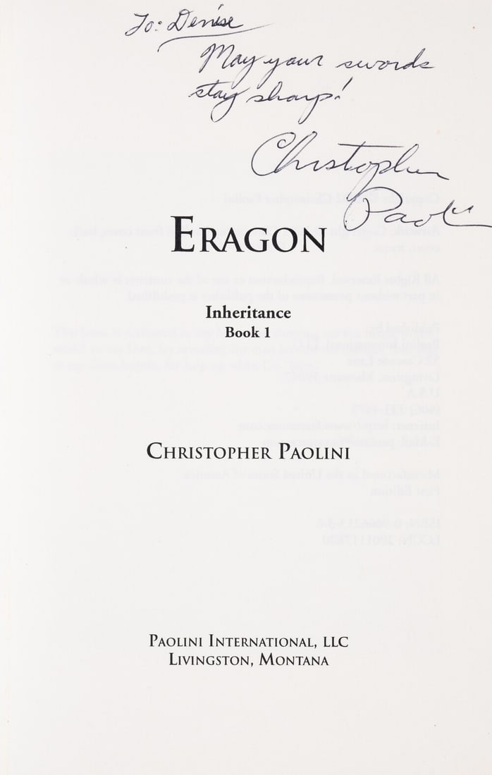 Paolini (Christopher) Eragon, first edition, signed presentation inscription from the author "May (1 of 1)