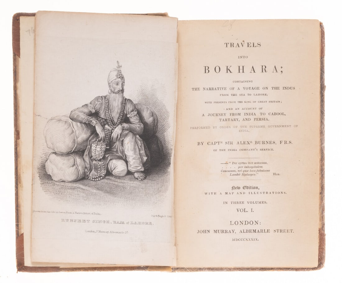 Central Asia & Great Game.- Burnes (Lt.-Col. Sir Alexander) Travels into Bokhara..., 3 vol., 1839 &: Central Asia & Great Game.- Burnes (Lt.-Col. Sir Alexander) Travels into Bokhara..., 3 vol., new edition, mounted lithographed portr