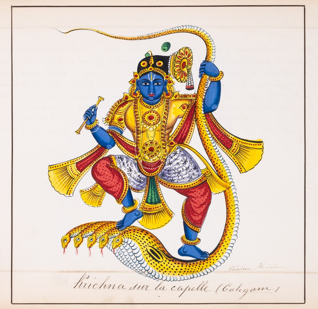 [Album and Treatise on Hinduism], manuscript treatise on Hinduism in French, 31 watercolours of: [Album and Treatise on Hinduism], manuscript treatise on Hinduism in French, 31 watercolours of Hindu deities, local people and scenes, all by a Company School artist, possibly from Trichinopoly o