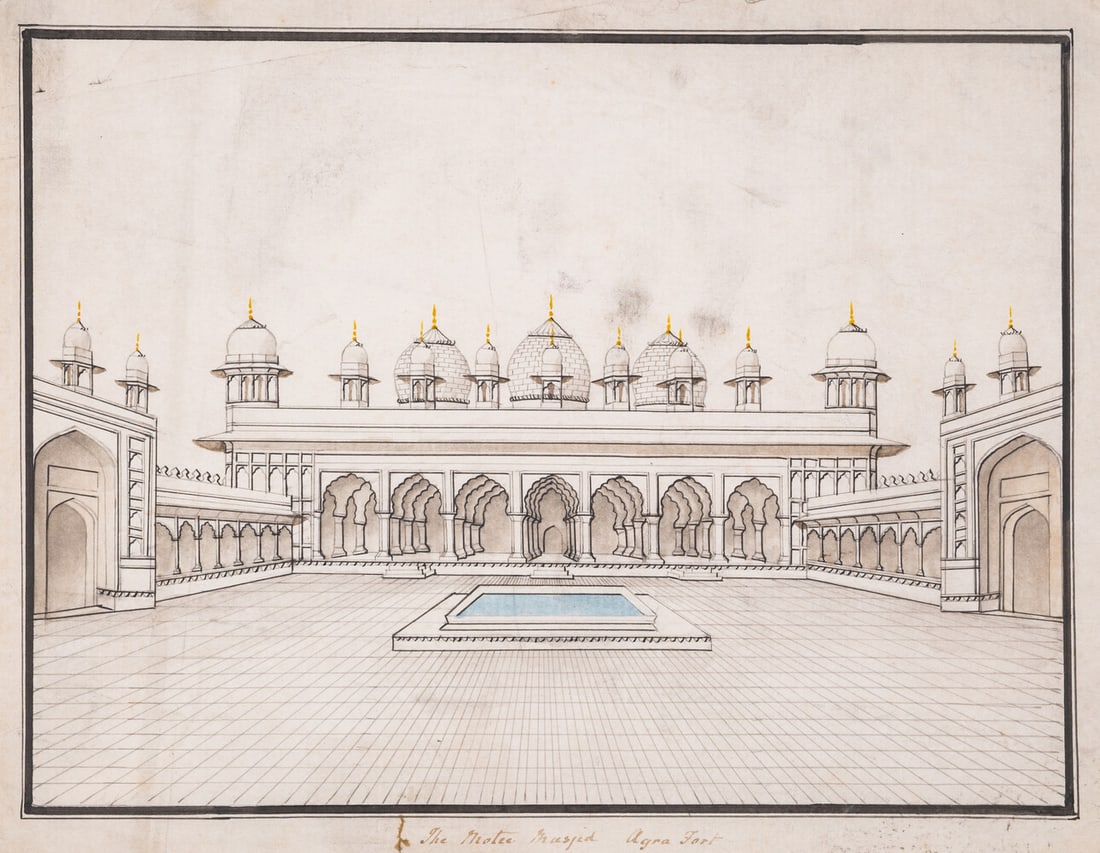 Company School (19th century) "The Motee Masjid Agra Fort", also known as the known as the Pearl: Company School (19th century) "The Motee Masjid Agra Fort", also known as the known as the Pearl Mosque, opaque pigments on paper, on laid paper with partial Britanni