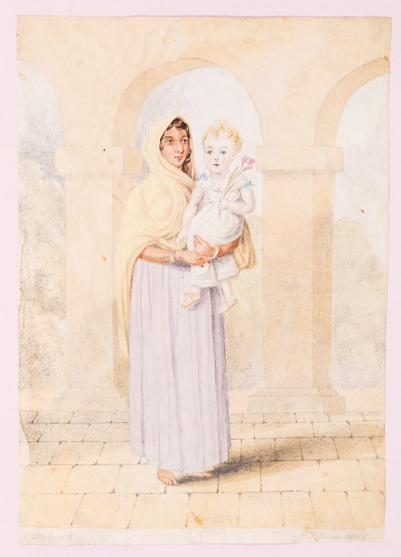 D'Oyly (Charles) and others. Scrap album with over 45 prints and drawings, including 6 of Indian: D'Oyly (Charles) and others. Scrap album with over 45 prints and drawings, including 6 of Indian interest, including two signed by D'Oyly, one of an