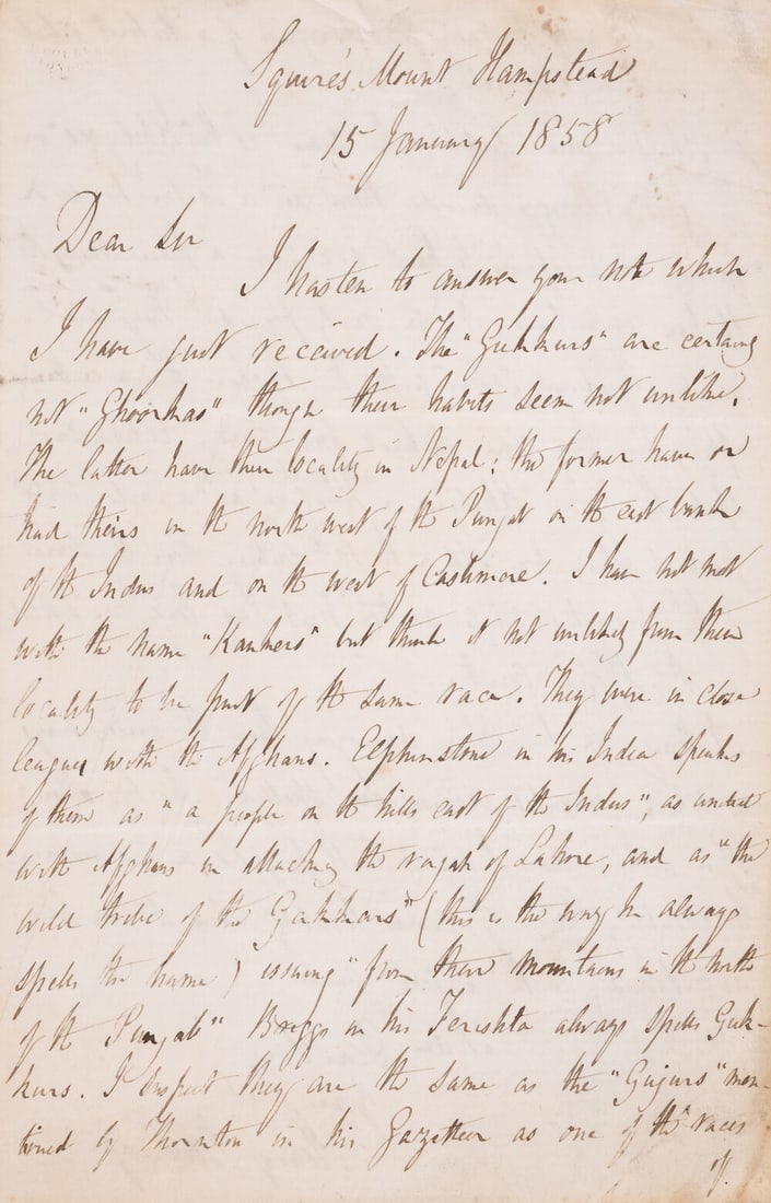 Gurkhas.- Beveridge (Henry, lawyer, translator & historian of India, 1799-1863) Autograph Letter: Gurkhas.- Beveridge (Henry, lawyer, translator & historian of India, 1799-1863) Autograph Letter signed concerning the Gurkhas of North India</