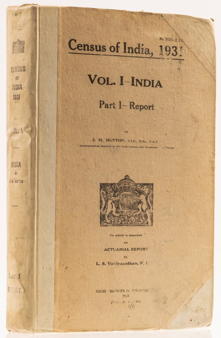 Hutton (J. H.) Census of India, 1931: Vol. 1 - India. Part 1 - Report, vol. 1 only, Delhi, 1933.: Hutton (J. H.) Census of India, 1931: Vol. 1 - India. Part 1 - Report, vol. 1 only, 10 folding maps (2 with short tears at gutter), illustrations, previous o