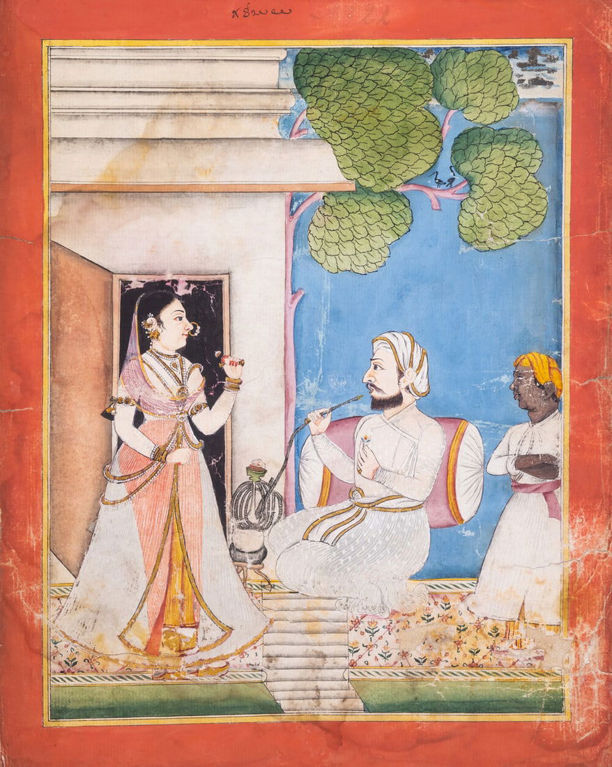 Indian School (probably late 19th century) Maharaja with two attendants in garden terrace, opaque: Indian School (probably late 19th century) Maharaja with two attendants in garden terrace, opaque pigments heightened with gold, ruled borders with red margin, sheet 300 x 240 mm (11