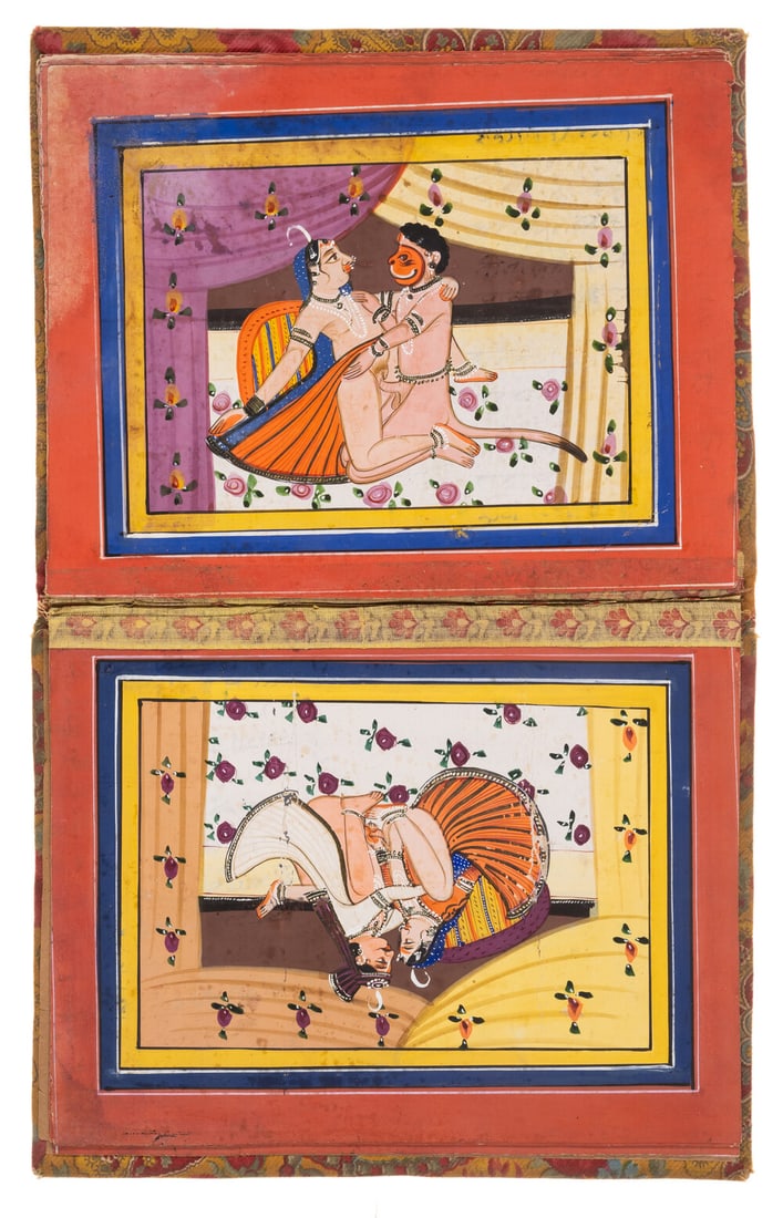Indian School (probably early 20th century) An album of 12 erotic scenes, [20th century]; and 9: Indian School (probably early 20th century) An album of 12 erotic scenes, opaque pigments on thick paper, with yellow, blue and red borders, partial text to verso of each image, e