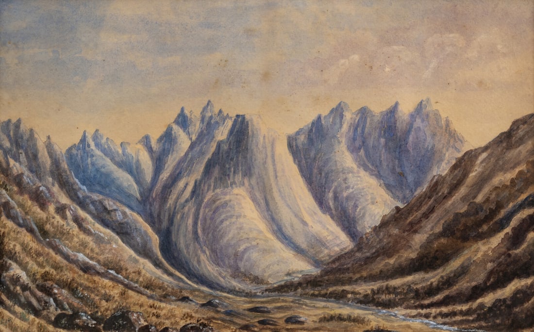 Kashmir.- English School (19th century) Mountains with glacier runoff in alpine landscape,: Kashmir.- English School (19th century) Mountains with glacier runoff in alpine landscape, watercolour heightened with white, on thick wove