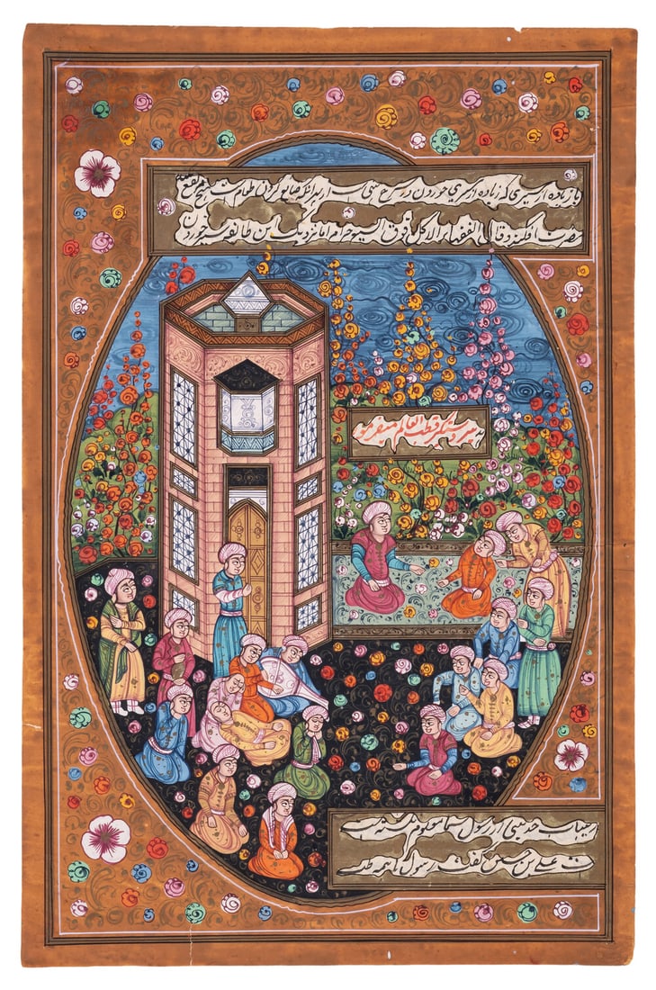 Kashmir School (late 19th century) Collection of 32 leaves with Indian miniatures, each surrounded: Kashmir School (late 19th century) Collection of 32 leaves with Indian miniatures, each surrounded with decorative borders, opaque pigments on various papers