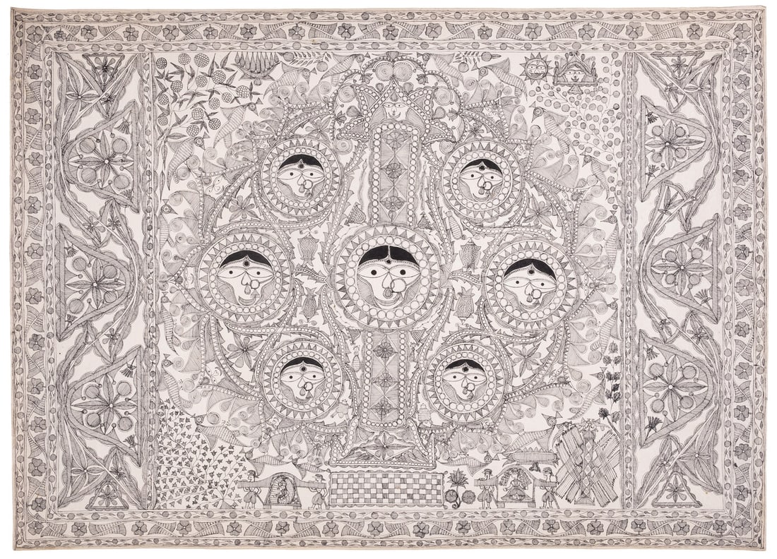 Madhubani School (circa 1965-1975) Mural design for a "kohbar" or marriage chamber, 1970 (1 of 1)