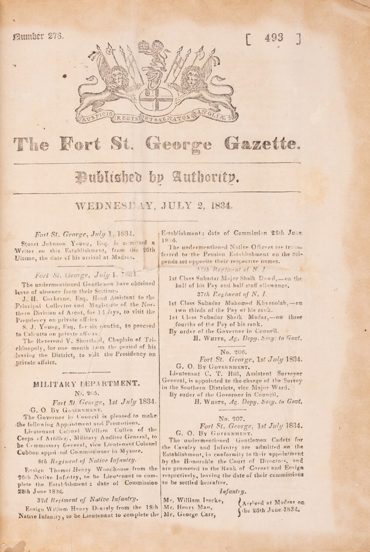 Madras.- Fort St. George Gazette (The), No.276-331, pp.493-936 and Index to all of 1834 at end,: Madras.- Fort St. George Gazette (The), No.276-331, pp.493-936 and Index to all of 1834 at end, some text in Tamil, Telugu and Persian, No.294 with hand-coloured plate of flag, br