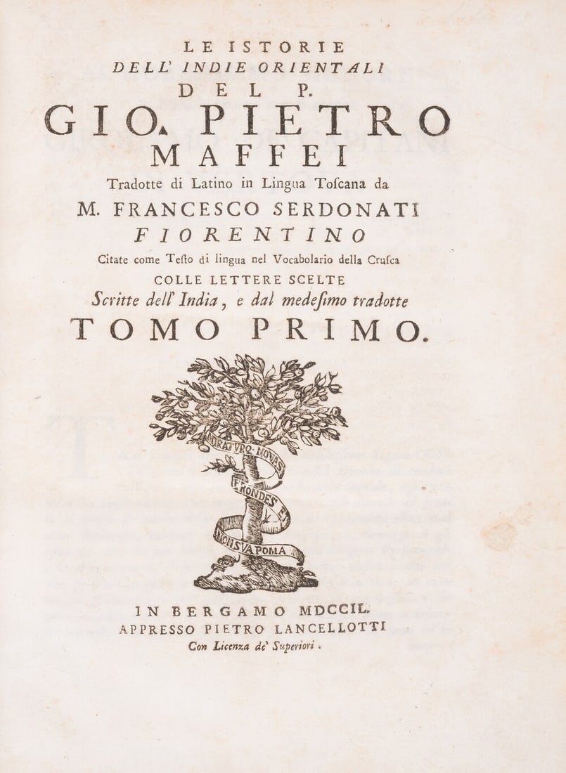 Maffei (Giovanni Pietro) Le Istorie dell'Indie Orientali, 2 vol., contemporary vellum, Bergamo,: Maffei (Giovanni Pietro) Le Istorie dell'Indie Orientali, translated by Franceso Serdonati, 2 vol., titles with woo