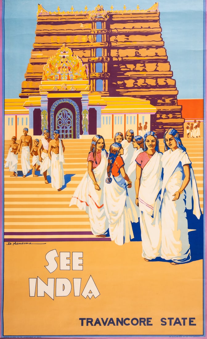 Newsome (Dorothy) See India. Travancore state, G. Clandge & Co., Ltd., Bombay, lithograph poster,: Newsome (Dorothy) See India. Travancore state, lithograph poster printed in colours, on wove paper, not backed onto linen, sheet 1000 x 630 mm (39 3/8 x 24 3/4 in