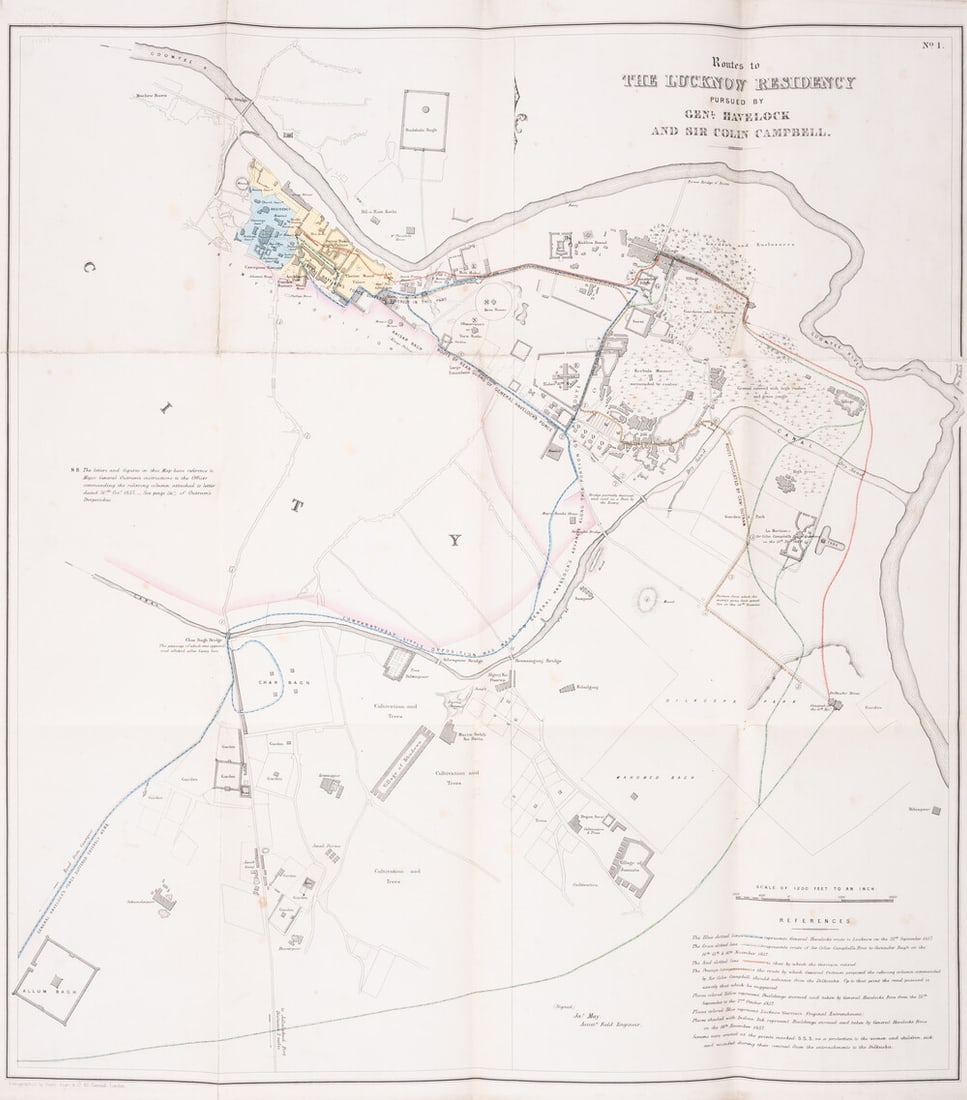Outram (Lieut.-Gen. James).- Smith, Elder & Co. (Printers, London) Three maps relating to Lieut.: Outram (Lieut.-Gen. James).- Smith, Elder & Co. (Printers, London) Three maps relating to Lieut. General Outram's Campaign in India in 1857-8,&nb