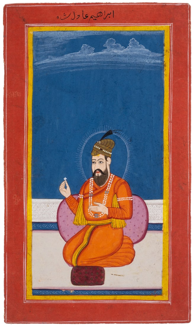 Pair of Leaves depicting Rulers of Bijapur, India, 1700: Pair of Leaves depicting Rulers of Bijapur, opaque pigment on paper, heightened with gold, both approx. 223 x 129 mm, later ink inscriptions, light surface wear, minimal scuffing to edges, India,<