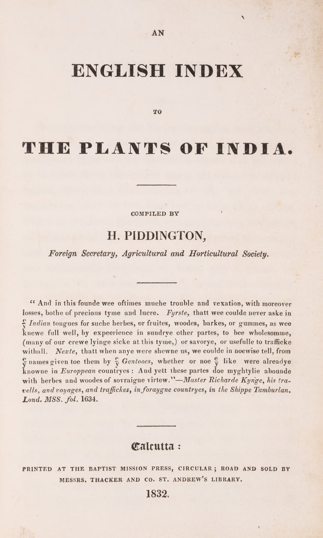 Piddington (Henry) An English Index to the Plants of India, first edition, Calcutta, Baptist Mission: Piddington (Henry) An English Index to the Plants of India, first edition, half-title, some annotations in pencil,