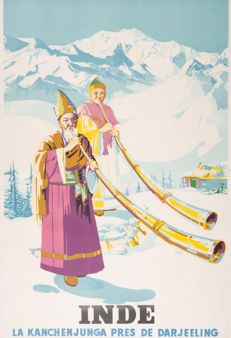 Singh (Sobha) Inde. La Kanchen Junga Pres de Darjeeling, lithograph poster, [c.1935]: Singh (Sobha) Inde. La Kanchen Junga Pres de Darjeeling, lithograph poster printed in colours, 1010 x 680 mm (39 3/4 x 26 3/4 in), under glass, minor surface dirt