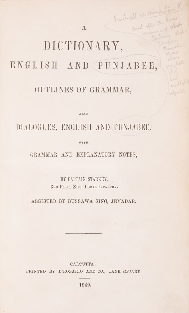 Starkey (Capt. Samuel Cross) A Dictionary, English and Punjabee..., first edition, contemporary: Starkey (Capt. Samuel Cross) & Jemadar Bussaw Sing. A Dictionary, English and Punjabee, Outlines