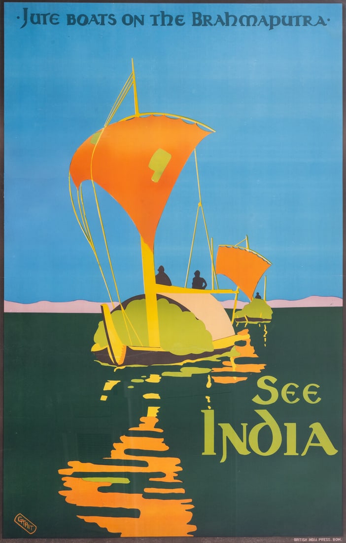 Tait (Gerald George Wynne Trevredyn) Jute boats on the Brahmaputra. See India, lithograph poster,: Tait (Gerald George Wynne Trevredyn) Jute boats on the Brahmaputra. See India, lithograph poster printed in colours, 995 x 640 mm (39 x 25 1/4 in), under glass, s