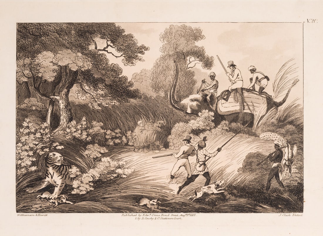 Williamson (Capt. Thomas) Oriental Field Sports, 2 vol., aquatint plates with pale sepia wash, 1808: Williamson (Capt. Thomas) Oriental Field Sports, 2 vol., additional etched pictorial titles, 40 etched & aquatint plates after Williamson and Sa