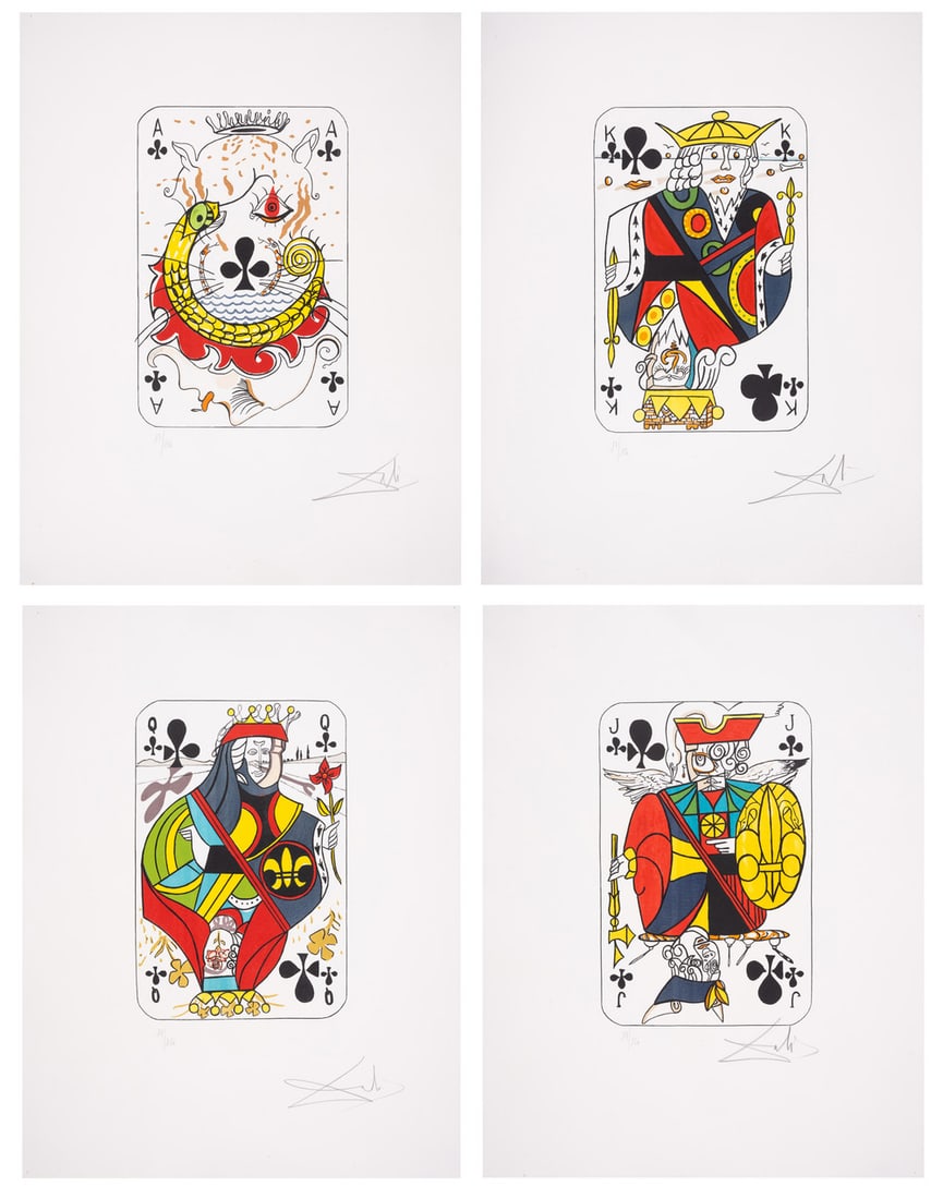 Salvador Dalí (1904-1989) Playing Cards (Set of Four: Clubs) (Field 72-4; M&L 1287a, 1291a, 1295a &: Salvador Dalí (1904-1989)Playing Cards (Set of Four: Clubs) (Field 72-4; M&L 1287a, 1291a, 1295a & 1299a) Four lithographs printed in colours, 1970/2, each signed in pencil, numbered fr