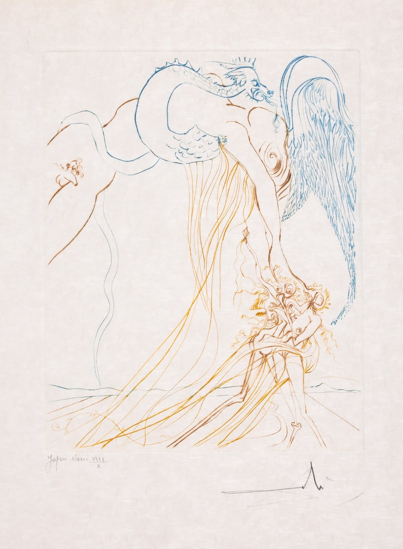 Salvador Dalí (1904-1989) La tentation, from Le Paradis Terrestre (Field 74-11C; M&L 710d): Salvador Dalí (1904-1989) La tentation, from Le Paradis Perdu (Field 74-11C; M&L 710d) Drypoint printed in colours, 1974, signed and inscribed 'Japon Nacre' in pencil, numbered from the edi