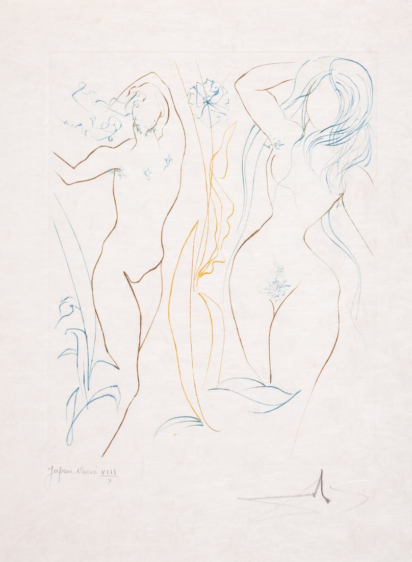 Salvador Dalí (1904-1989) Adam and Eve, from Le Paradis Perdu (Field 74-11I; M&L 706d): Salvador Dalí (1904-1989) Adam and Eve, from Le Paradis Perdu (Field 74-11I; M&L 706d) Drypoint printed in colours, 1974, signed and inscribed 'Japon Nacre' in pencil, numbered from the edi