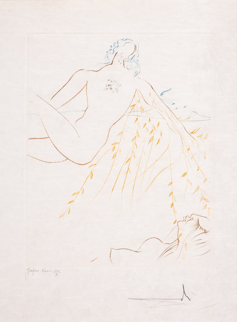 Salvador Dalí (1904-1989) Le repos amoureux, from Le Paradis Perdu (Field 74-11F; M&L 711d): Salvador Dalí (1904-1989) Le repos amoureux, from Le Paradis Perdu (Field 74-11F; M&L 711d) Drypoint printed in colours, 1974, signed and inscribed 'Japon Nacre' in pencil, numbered from th