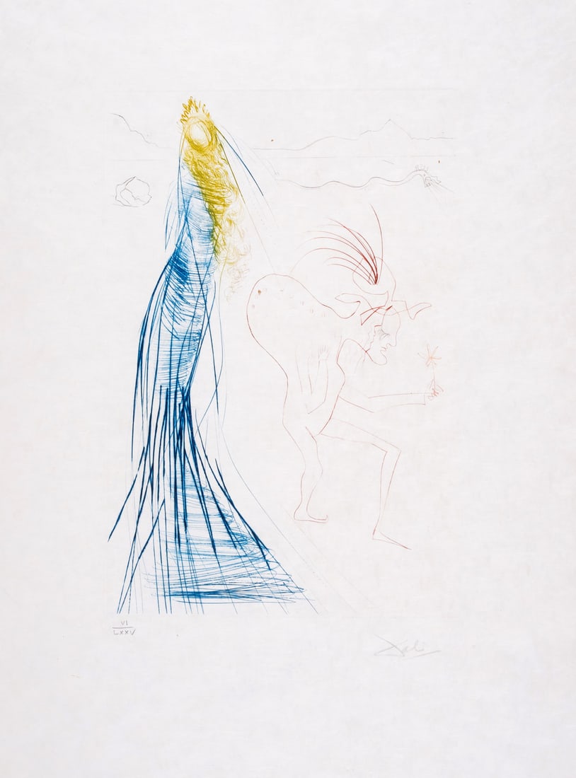 Salvador Dalí (1904-1989) Frocin, Le Mauvais Nain, from Tristan et Iseult (Field 70-10H; M&L 413a): Salvador Dalí (1904-1989)Frocin, Le Mauvais Nain, from Tristan et Iseult (Field 70-10H; M&L 413a)Etching with drypoint printed in colours, 1970, signed in pencil, numbered from the edition