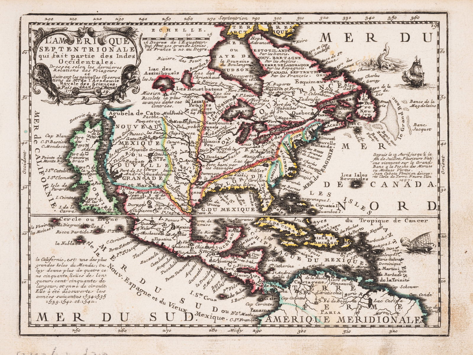 America.- California as an island.- Chiquet (Jacques) L'Amerique Septentrionale qui fait Partie des: America.- California as an island.- Chiquet (Jacques) L'Amerique Septentrionale qui fait Partie des Indes Occidentales, engraved map with early hand-colouring, sheet 187 x 255 mm (7 1/4 x 10 in), somr