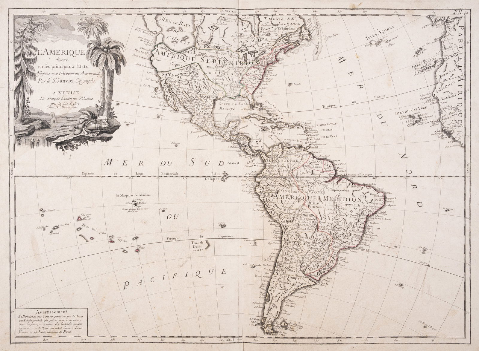 Americas.- Santini (Francois) L'Amerique divisee en ses principaux Etats Assujettie aux Observations (1 of 1)