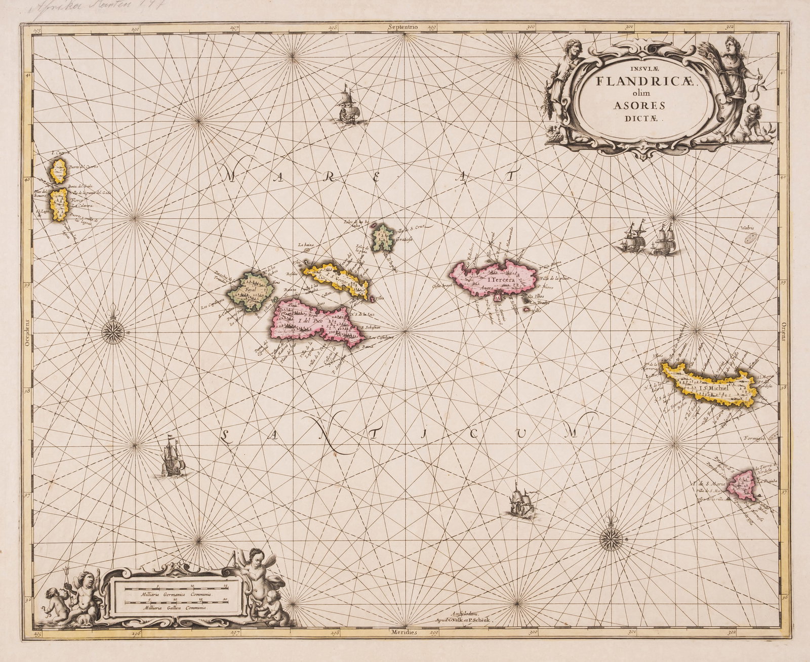 Azores.- Jansson (Jan) Insulae Flandricae olim Asores dictae, engraved map, [c.1690]: Azores.- Jansson (Jan) Insulae Flandricae olim Asores dictae, engraved map with original hand-colouring, platemark 420 x 520 mm (16 1/2 x 20 1/2 in), good margins, some faint spotting and minor surfac