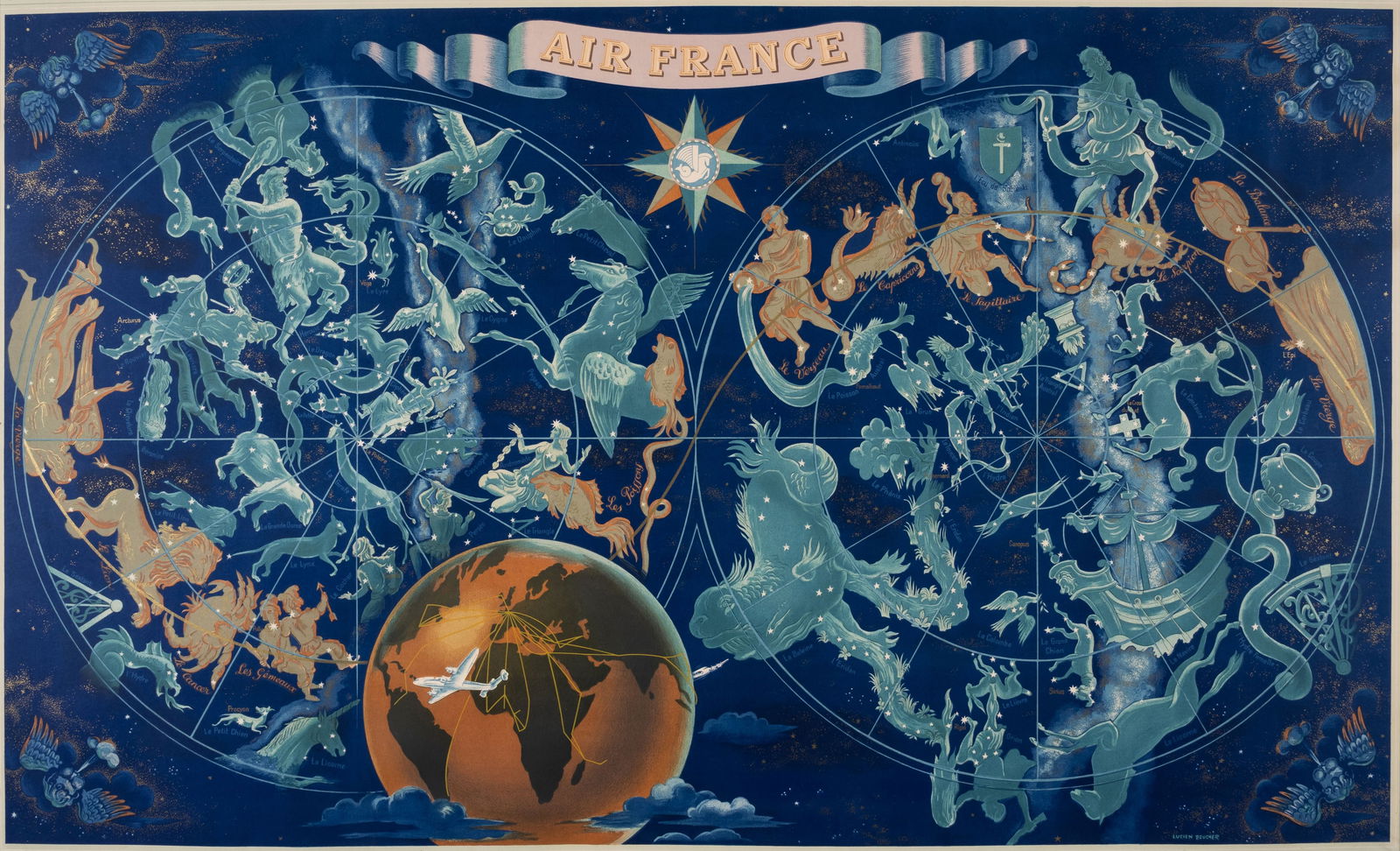 Celestial.- Boucher (Lucien) Air France "Horoscope" poster with celestial planispheres, colour: Celestial.- Boucher (Lucien) Air France "Horoscope" poster with celestial planispheres, colour printed poster, sheet 585 x 950 mm (23 x 37 1/2 in), trimmed to decorative border, some minor handling cr