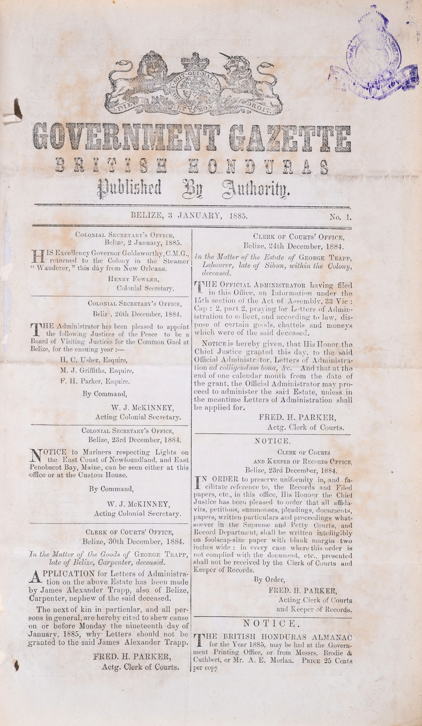 Central America.- Government Gazette British Honduras Published by Authority, 19 vol., 1885-1903.: Central America.- Government Gazette British Honduras Published by Authority, 19 vol., one or two marginal ink-stamps, foldlines, some on blue paper, small loss to one or two corners, occasional light