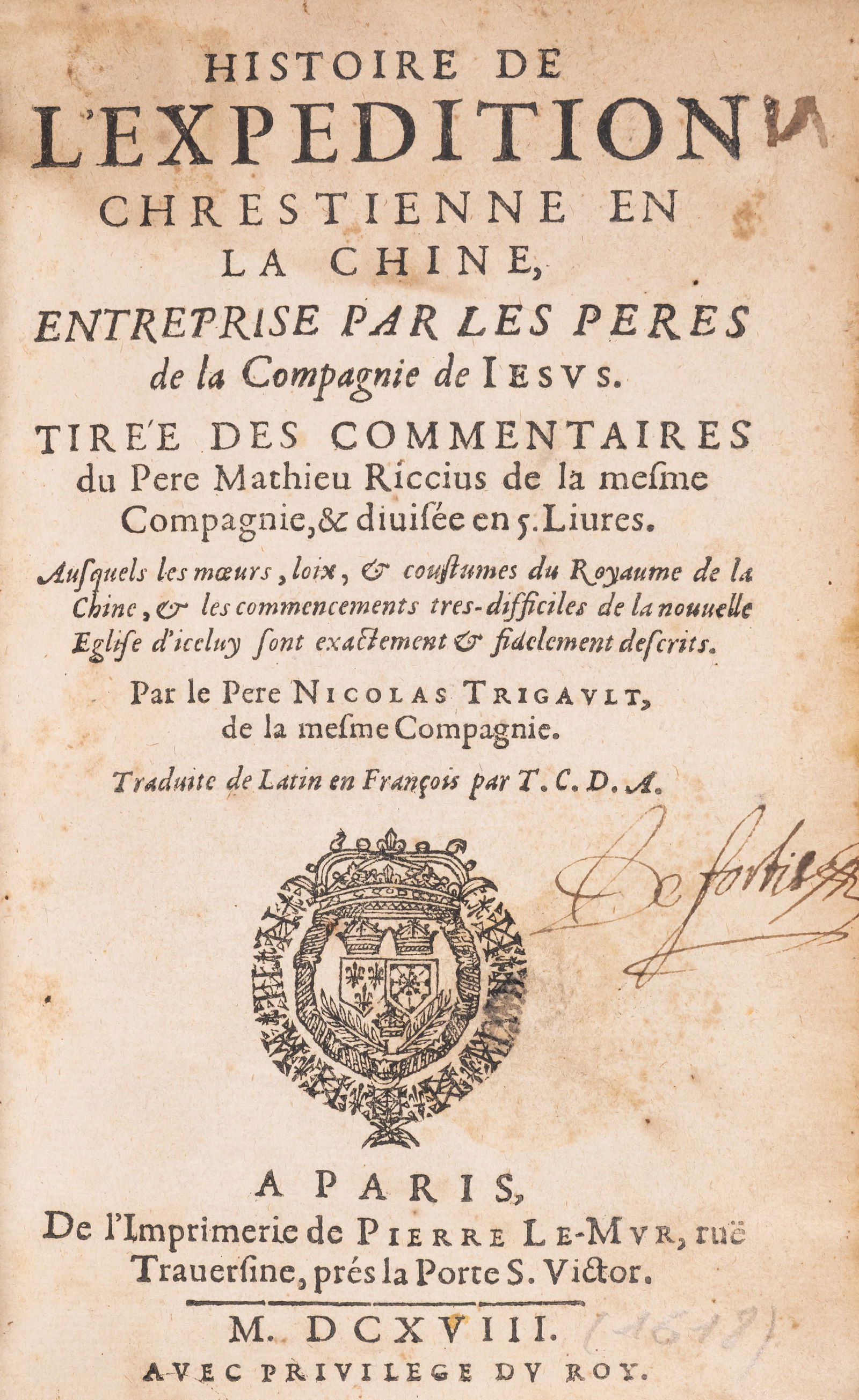 China.- Ricci (Matteo) Histoire de l'Expedition Chrestienne en la Chine..., Paris, Pierre le Mur, (1 of 1)