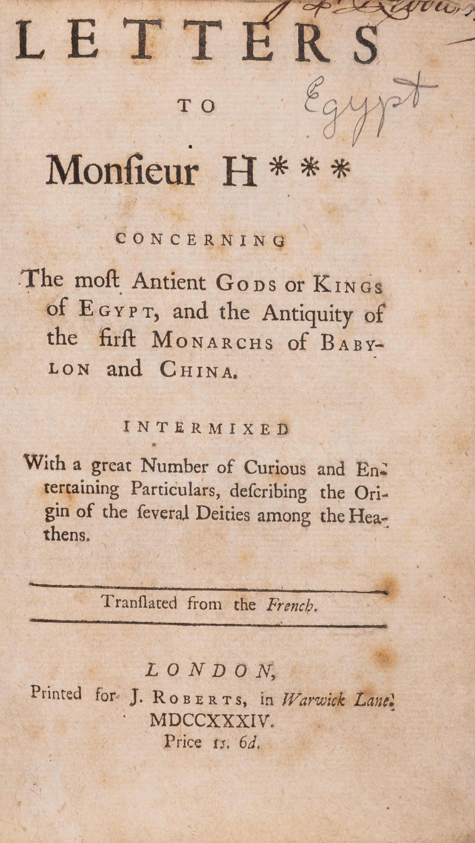 Egypt.- [Révérend (Dominique)] Letters to Monsieur H*** concerning the most Antient Gods or Kings (1 of 1)