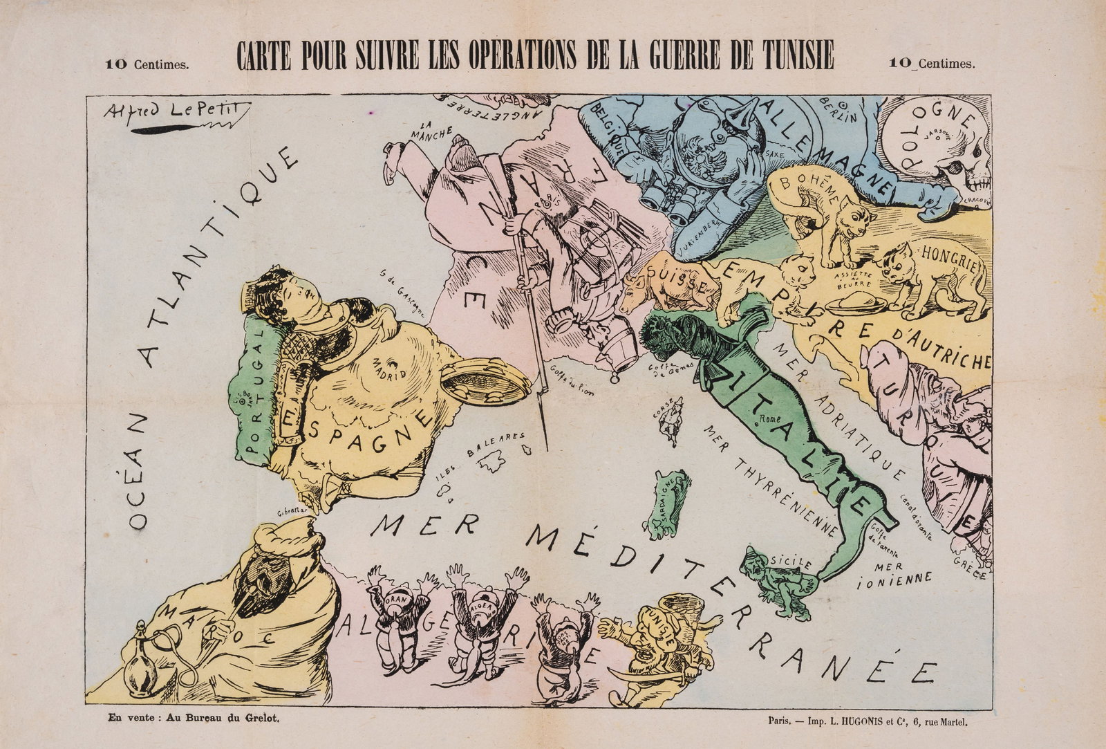 Europe.- Franco-Tunisian War.- Le Petit (Alfred) Carte pour suivre les operations de la guerre de: Europe.- Franco-Tunisian War.- Le Petit (Alfred) Carte pour suivre les operations de la guerre de Tunisie, lithograph map with hand-colouring, sheet 330 x 485 mm (13 x 19 in), faint uniform old folds