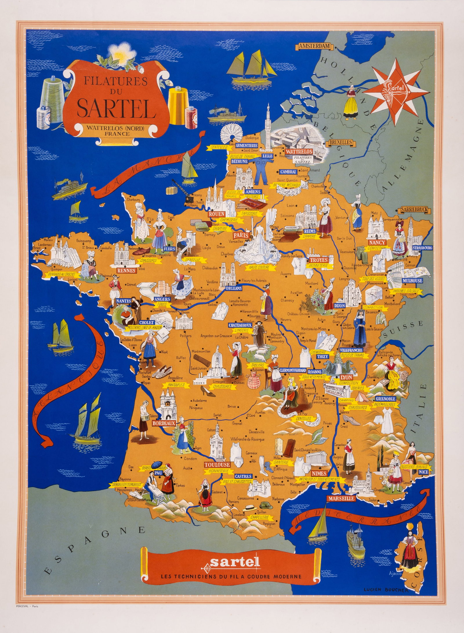 France.- Boucher (Lucien) Filatures de Sartel Wattrelos Nord France, colour printed map, [c.1950]: France.- Boucher (Lucien) Filatures de Sartel Wattrelos Nord France, colour printed poster, sheet 750 x 560 mm (29 1/2 x 22 in), some minor spotting, unframed, [circa 1950]*** Uncommon pictorial poste